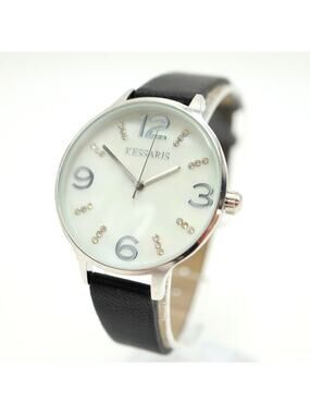 Kessaris Womens Silver MOP Watch 37mm Diamon Dial Black Faux Leather New Battery
